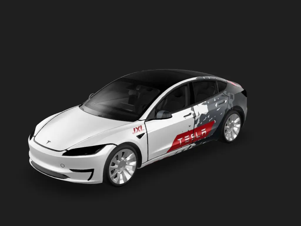极简双拼 Tesla Model 3 焕新版 wrap - 两侧对称，车尾后盖机盖跟后叶子板一样，车头前杠机盖白色，...