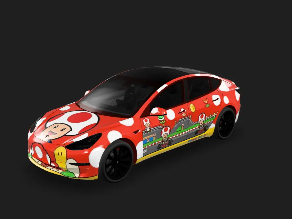 奇诺比奥座驾 Tesla Model 3 wrap - 生成一张以超级马里奥奇诺比奥的车衣主题...
