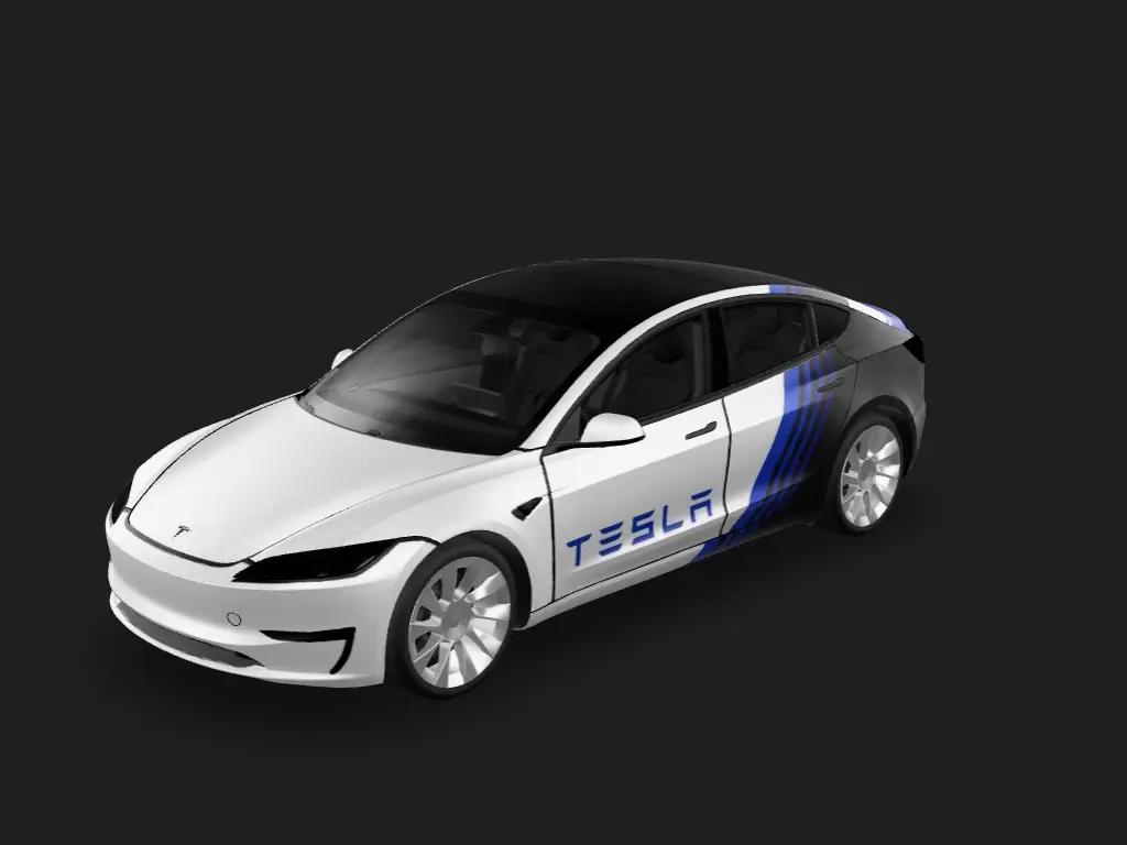 黑白双拼 Tesla 自定义 wrap - 左右车门对称，颜色同照片一样，车头白色，车尾黑色，保留车门拉花...