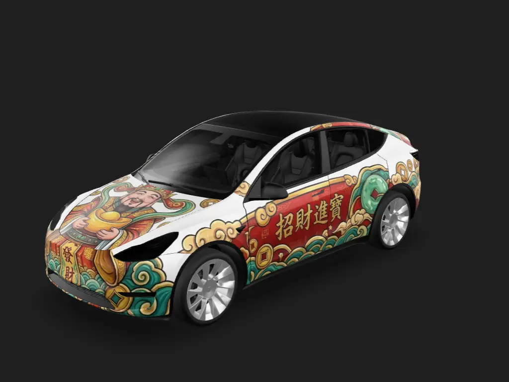 财神驾到 Tesla Model Y wrap - 发财，财神爷在上面...