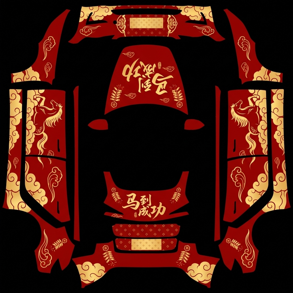 红色新年主题，车身有书法文字 “马到成功”风 Tesla Model 3 焕新版 wrap texture - 红色新年主题，车身有书法文字 “马到成功”