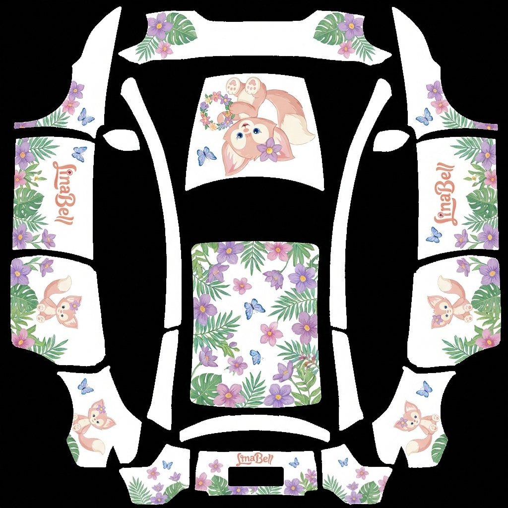 根据参考图的形象和风格生成，图案在同一侧不重复 Tesla Model Y L wrap texture - 根据参考图的形象和风格生成，图案在同一侧不重复