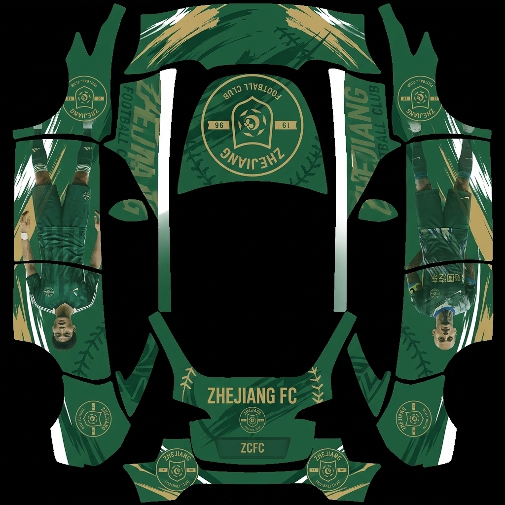 幽影战魂 Tesla Model Y wrap texture - 两侧各一个人物，竖立排放，比例大小一样大，透明度50%，前后区域俱乐部底色和队徽透明度40%