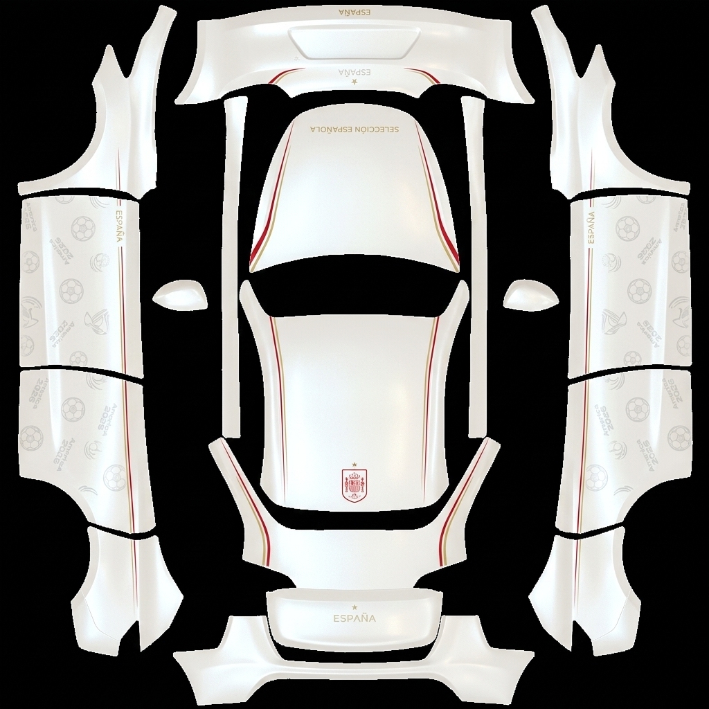 西班牙荣耀白 Tesla Model Y wrap texture - 珍珠亮光白色车身，西班牙足球国家队主题车身拉花，明亮清爽风格，少量正红与金色装饰线条，简约线条西班牙队徽，纤细腰线拉花，浅暗纹美加墨足球元素，无大面积深色，极简运动风，线条要对齐，贴图要饱满无损，8K