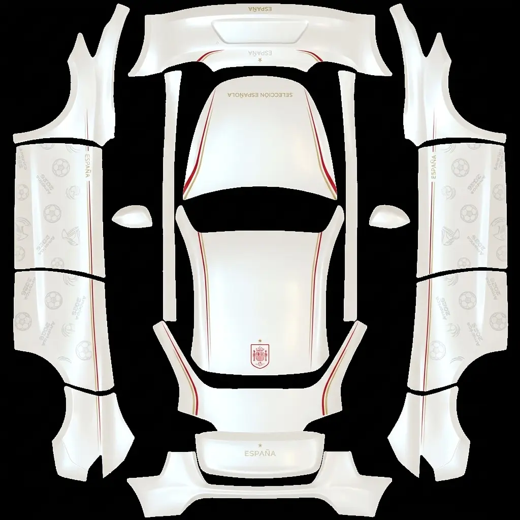 西班牙荣耀白 Tesla Model Y wrap texture - 珍珠亮光白色车身,西班牙足球国家队主题车身拉花,明亮清爽风格,少量正红与金色装饰线条,简约线条西班牙队徽,纤细腰线拉花,浅暗纹美加墨足球元素,无大面积深色,极简运动风,线条要对齐,贴图要饱满无损,8K