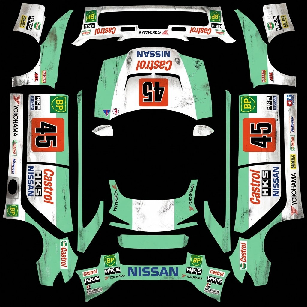 JGTC retro racing livery, 90s  Tesla Model 3 焕新版 wrap texture - JGTC retro racing livery, 90s motorsport style, mint green and white color blocking base, prominent 