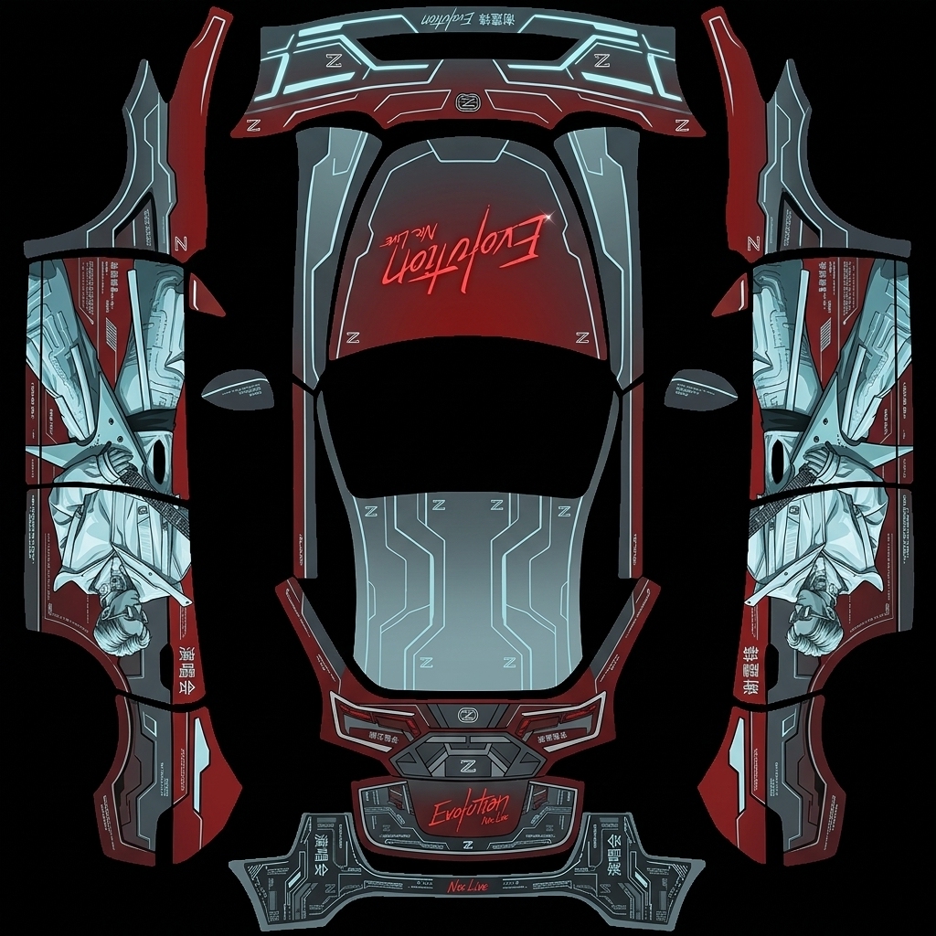 智绘侧影 Tesla Model Y wrap texture - 人物两侧从上到下显示，其它智能布局
