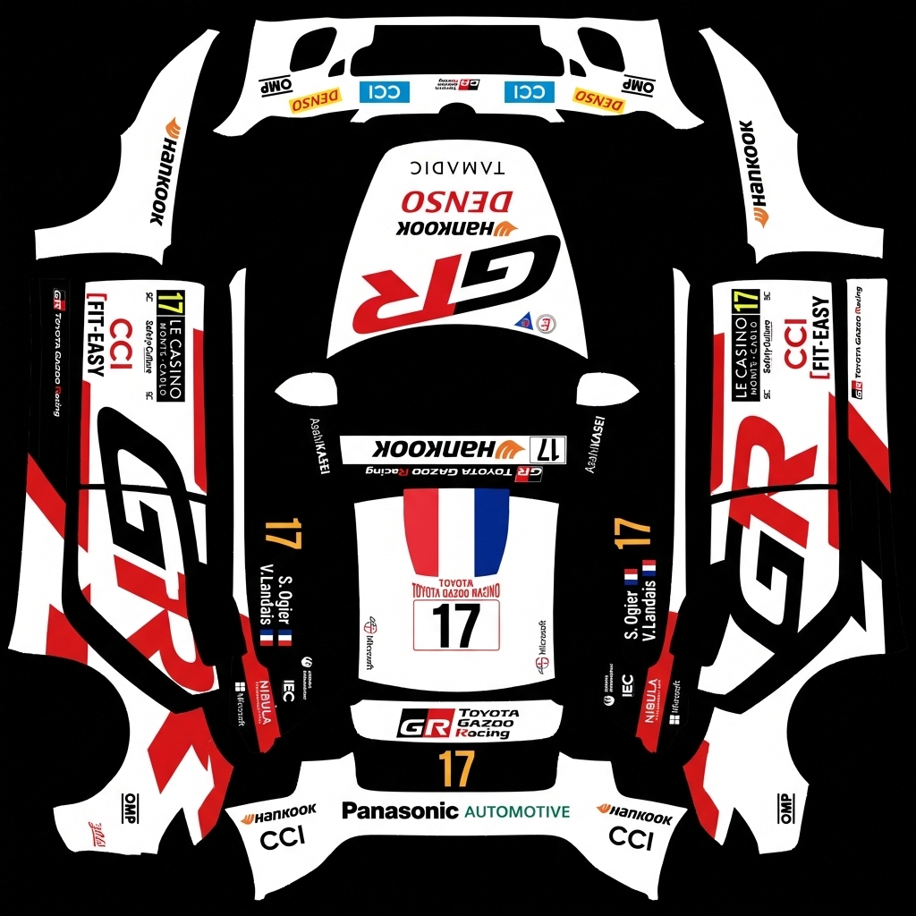 生成和参考图完全一致的涂装，车辆是丰田 GAZOO Raci Tesla Model 3 焕新版 wrap texture - 生成和参考图完全一致的涂装，车辆是丰田 GAZOO Racing WRT。一定要做到画质清晰，图案完整清晰