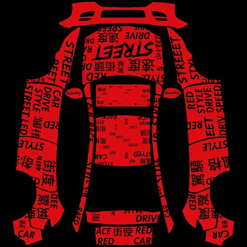 赤字密码 Tesla Model Y 焕新版 wrap texture - 红车，全车黑字覆盖