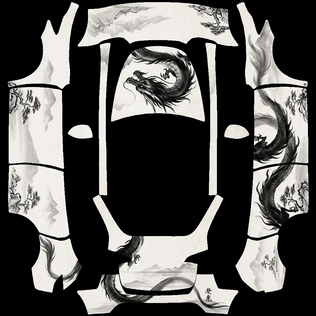 墨韵龙吟 Tesla Model Y wrap texture - 正向：特斯拉 Model Y 哑光白车身，车身单侧水墨黑色龙纹渐变图案，淡墨山水点缀，新中式国风，柔和自然光，高级素雅贴膜，不遮挡车窗
负面：图案杂乱、大红艳色、文字堆砌、车身断裂