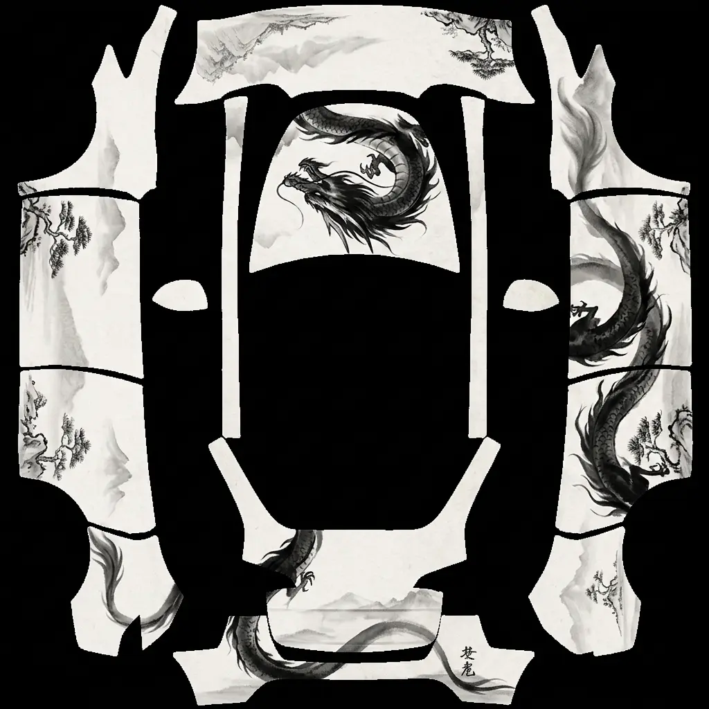 墨韵龙吟 Tesla Model Y wrap texture - 正向:特斯拉 Model Y 哑光白车身,车身单侧水墨黑色龙纹渐变图案,淡墨山水点缀,新中式国风,柔和自然光,高级素雅贴膜,不遮挡车窗
负面:图案杂乱、大红艳色、文字堆砌、车身断裂