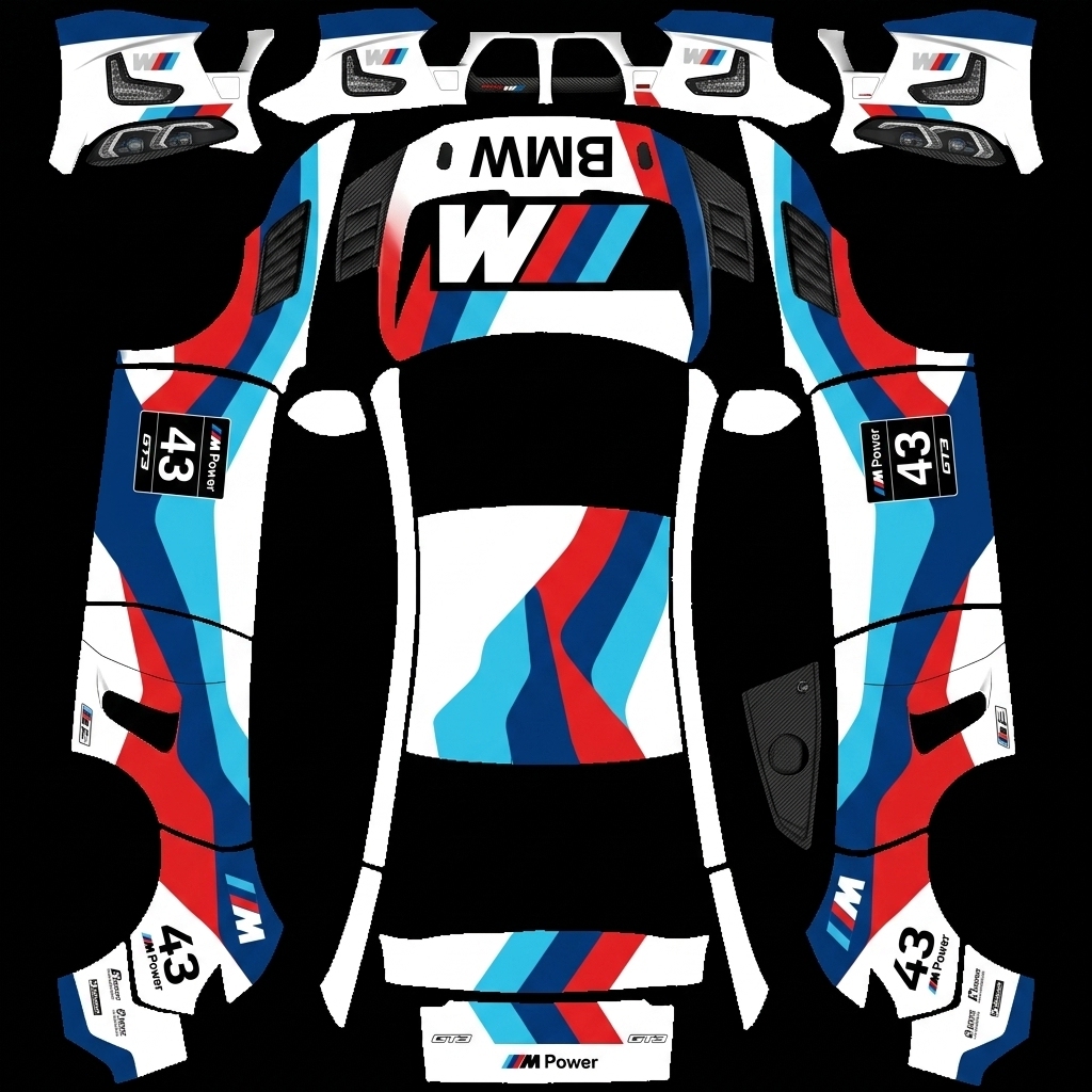 M4 GT3 Tesla Model Y 焕新版 wrap texture - 生成一辆BMW M4 GT3赛车，涂装为M Power（红蓝白）风格。车衣需要还原赛车的车灯、进气口等主要特征。