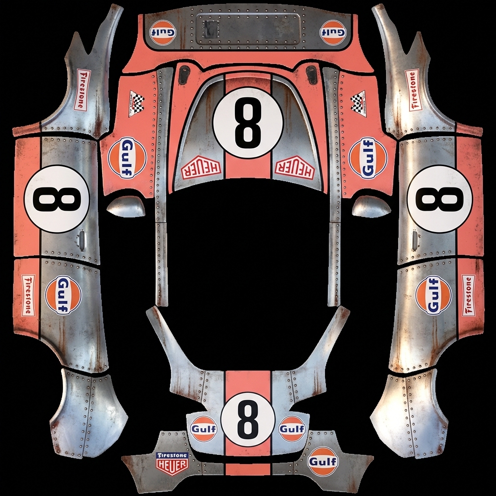 side profile, vintage race car Tesla Model Y wrap texture - side profile, vintage race car livery, coral pink and riveted metallic silver bodywork, large white 