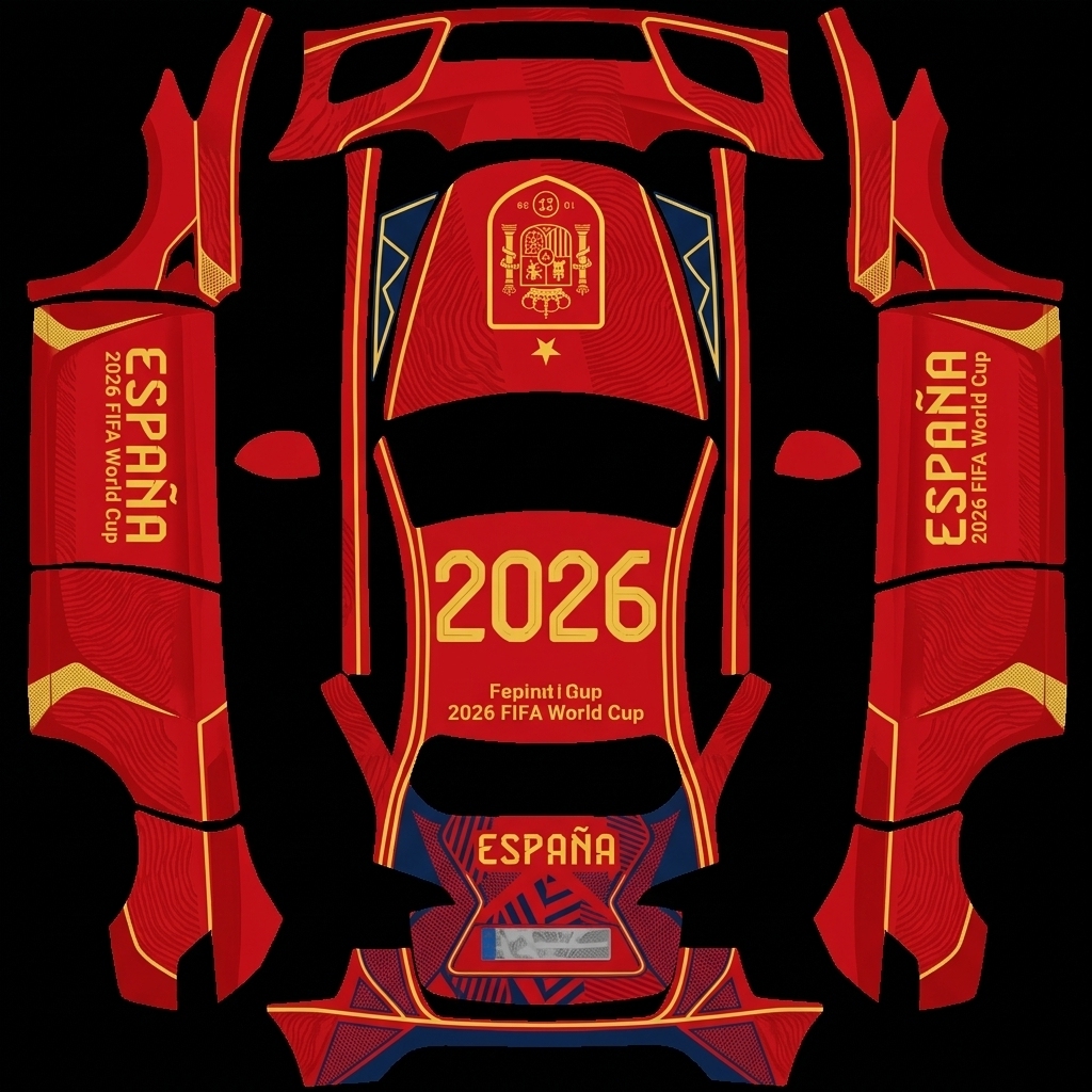 西班牙一星耀Y Tesla Model Y wrap texture - 参考西班牙今年的新球衣，生成一个 2026 年美加墨世界杯 西班牙主题的涂装，要求包含西班牙红色主金色辅色的设计、队徽、象征1个世界冠军的金星，强制要求，1颗星，文字清晰，数字准确
