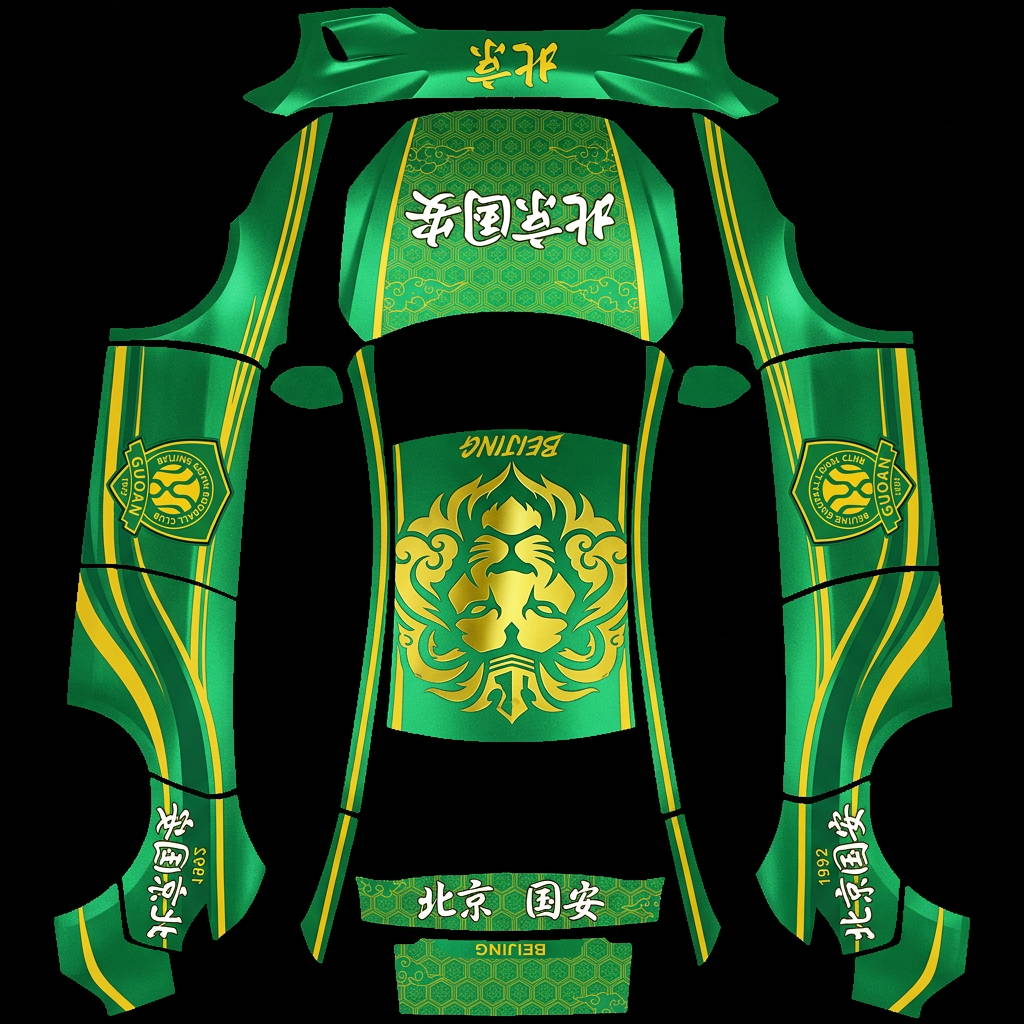 京城绿魂 Tesla Model Y 焕新版 wrap texture - 北京国安队配色，绿色金属色为主，黄色为辅，带有队标和北京