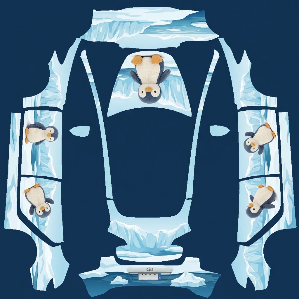 5只可爱的体态各异的Jellycat花生企鹅，分别以合适的大 Tesla Model 3 wrap texture - 5只可爱的体态各异的Jellycat花生企鹅，分别以合适的大小画在4个车门和引擎盖上，背景是南极天蓝色的冰川