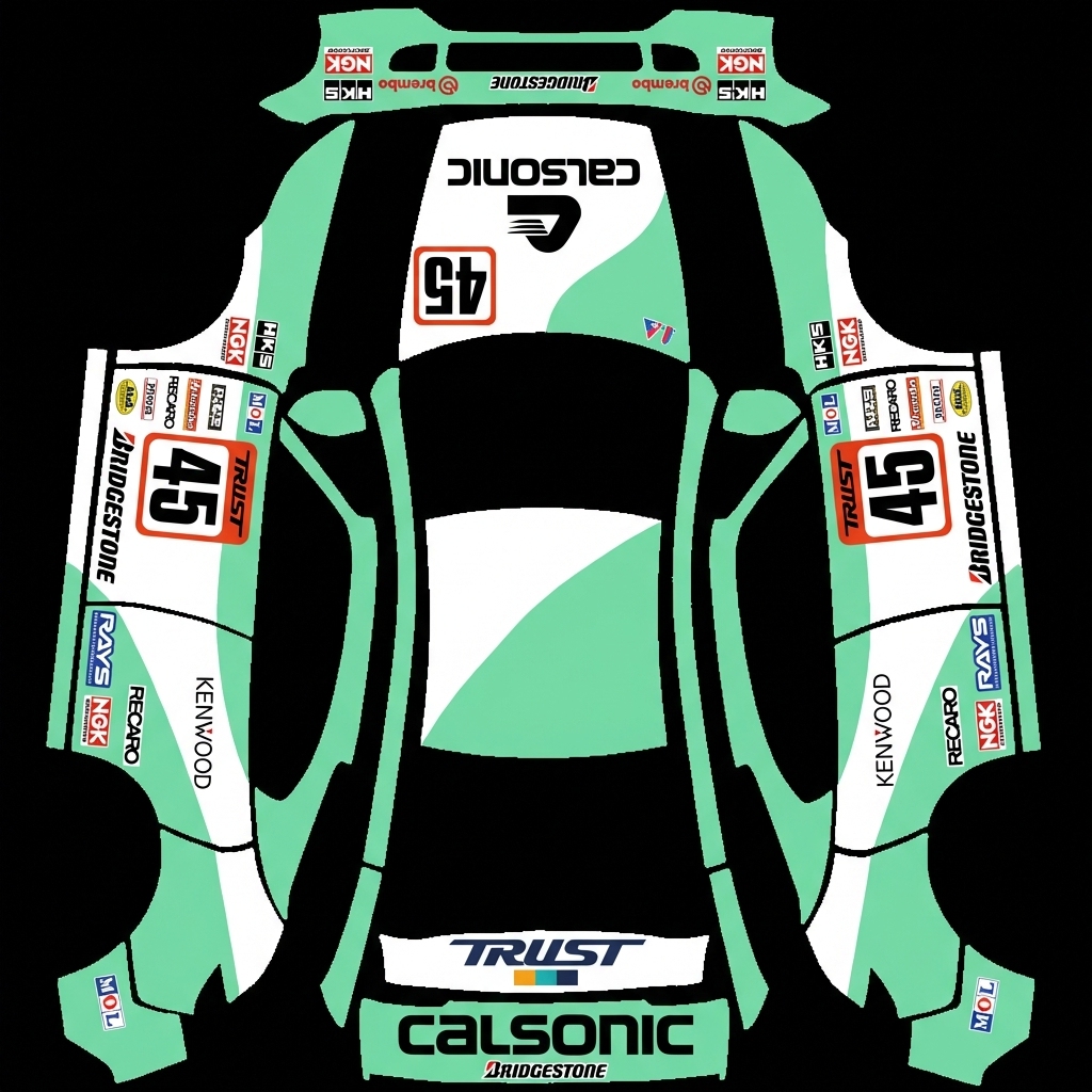 JGTC retro racing livery, 90s  Tesla Model Y 焕新版 wrap texture - JGTC retro racing livery, 90s motorsport style, mint green and white color blocking base, prominent 