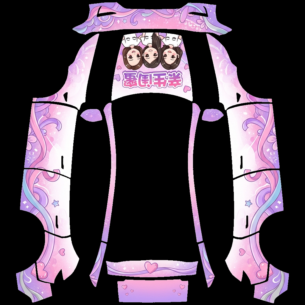 参考图上的人物形象转化成Q 版卡通形象并显示在车风 Tesla Model Y 焕新版 wrap texture - 参考图上的人物形象转化成Q 版卡通形象并显示在车正面车头前挡风玻璃下前方的车身上，人物头部和上身显示完整，显示“亲生闺蜜”字样，整体设计具有女生粉紫色风格，其它装饰元素可发挥。