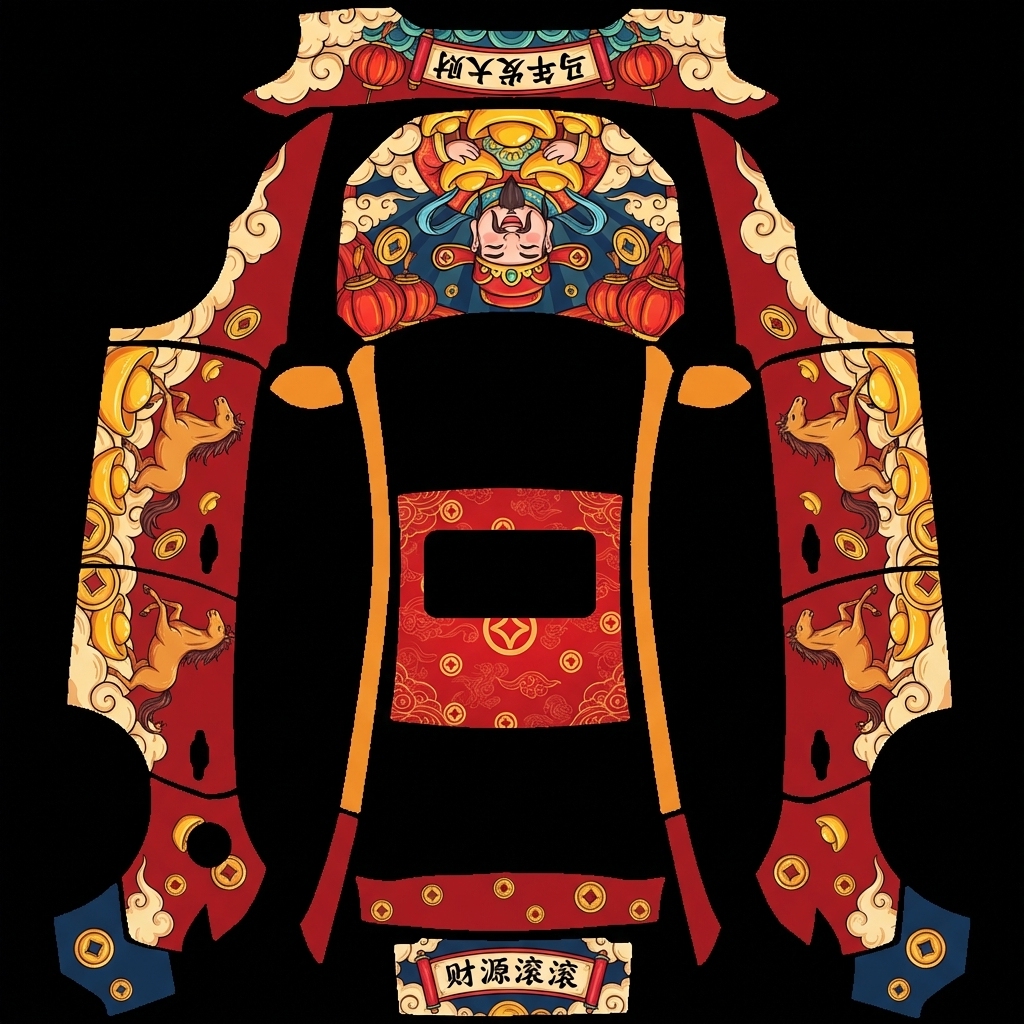 马年发大财主题，财源滚滚的寓意，颜色喜庆，有财神风 Tesla Model Y 焕新版 wrap texture - 马年发大财主题，财源滚滚的寓意，颜色喜庆，有财神形象