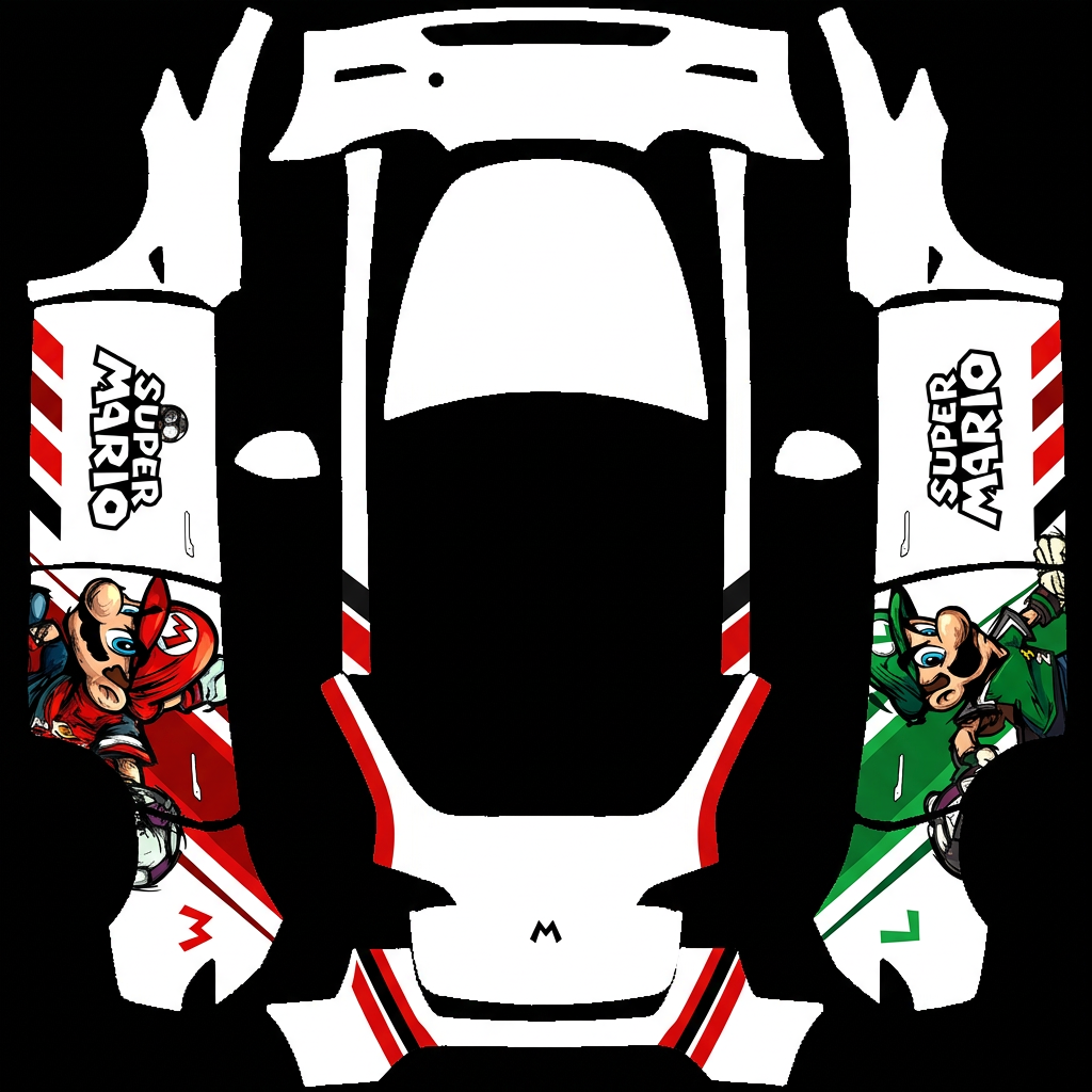 超级马里奥Y Tesla Model Y wrap texture - 特斯拉左右后两侧是马里奥的图案，前门的位置是SUPERMARIO的之母涂装，车身颜色为白色底，车头和车位都是白色，根据下图进行设计