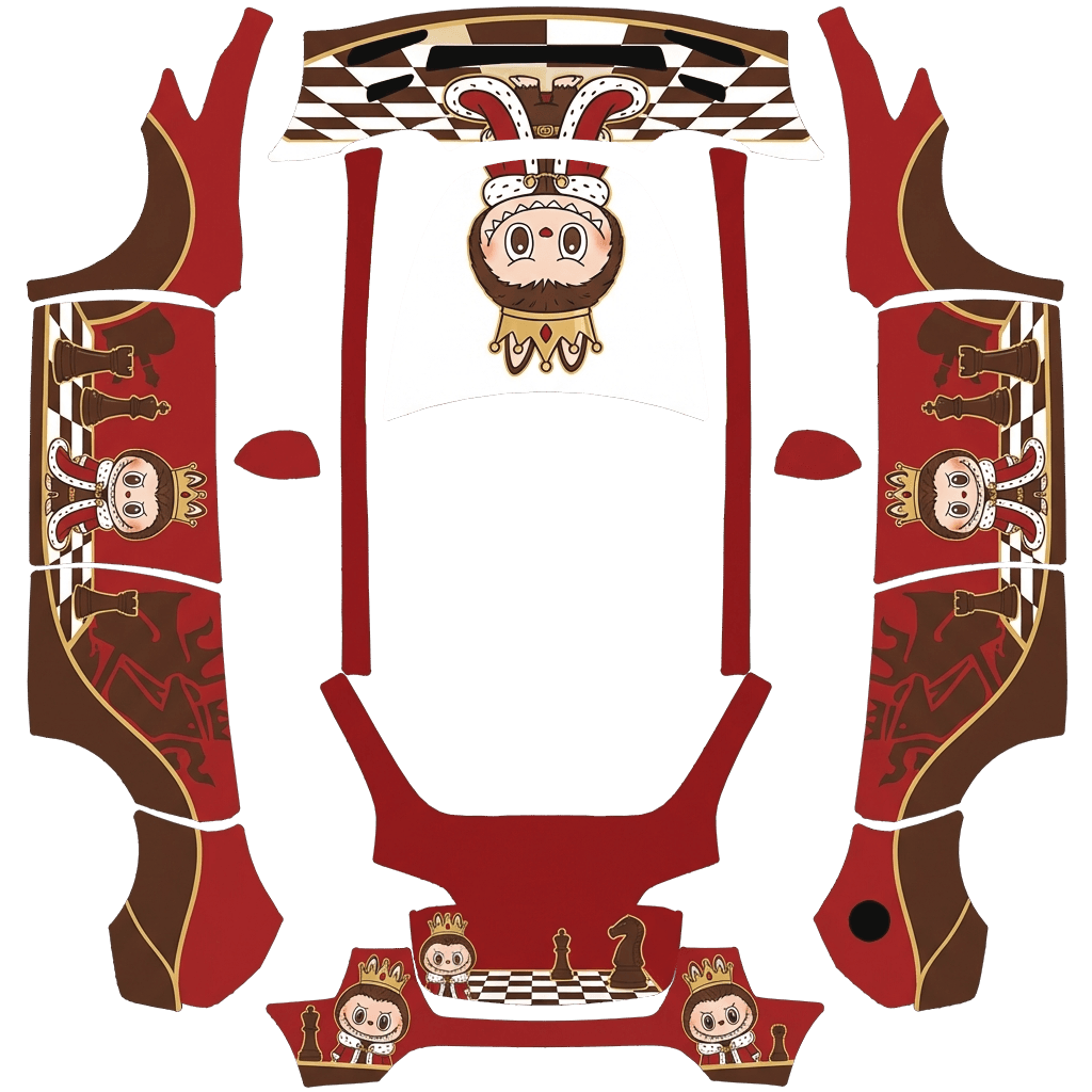 labubu 主题，车身颜色以红和棕为主，labubu 形象用象棋大国王的哪一款 Tesla Model Y wrap texture - labubu 主题，车身颜色以红和棕为主，labubu 形象用象棋大国王的哪一款