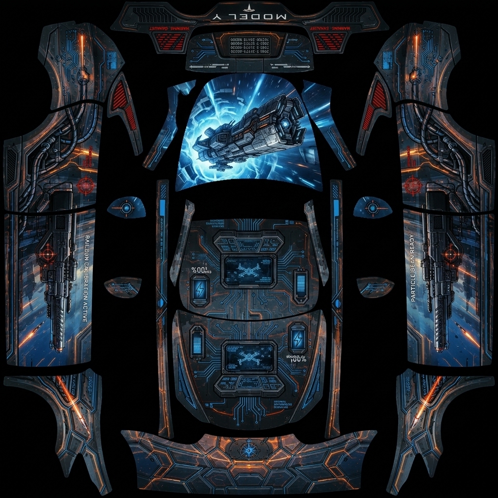跃迁战舰 Tesla Model Y wrap texture - 未来科技感，尾部有强推进器，两侧有高科技武器，前盖上有未来科技跃迁飞行的宇宙战舰。