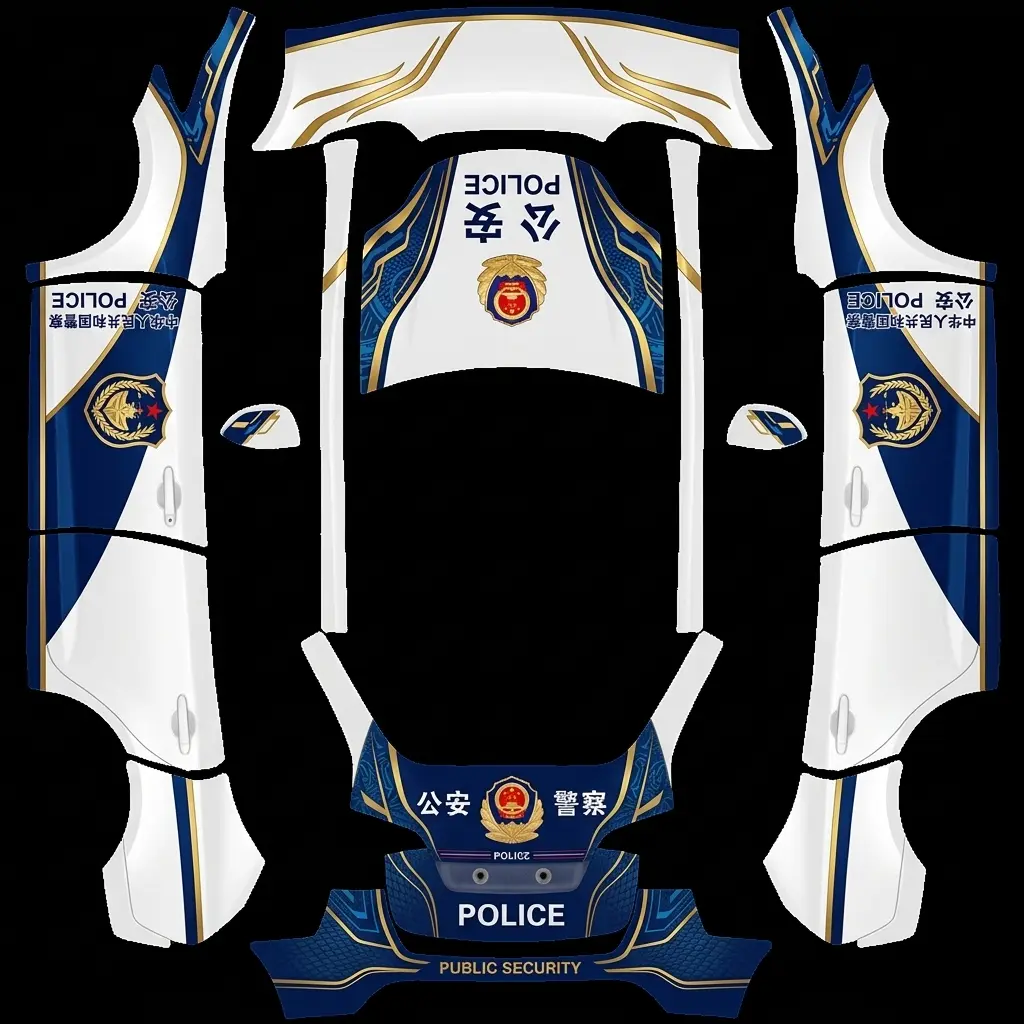 警用先锋 Tesla Model Y wrap texture - 帮我做一个中国警察的汽车涂装，要牛逼一点的，尽量接近真实警车涂装