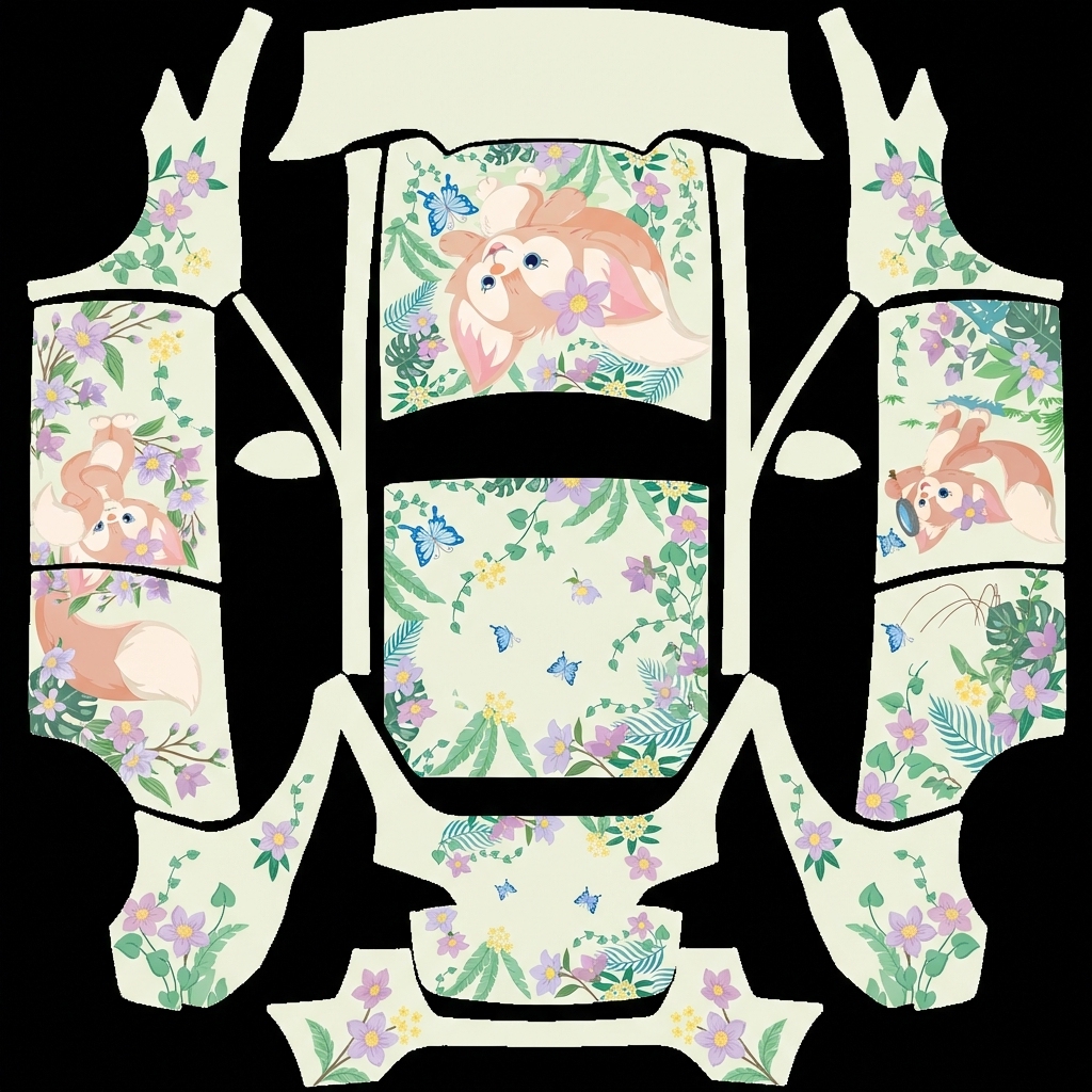 根据参考图的形象和风格生成，图案在同一侧不重复，背景色统一 Tesla Model Y wrap texture - 根据参考图的形象和风格生成，图案在同一侧不重复，背景色统一