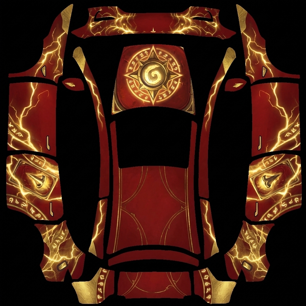 炉石炽金 Tesla Model Y L wrap - 主色调为红色，金色如参考图的风格，可以是纹理的形式，车身的图案以精简为主，不要很多很乱的图案，是一眼就可以看出这个是炉石传说游戏为主题的。...