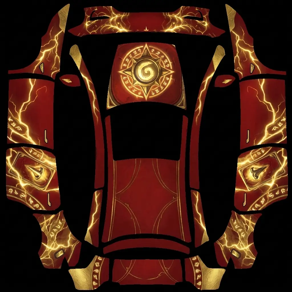 Blazegold Hearth Tesla Model Y L wrap texture - 主色调为红色，金色如参考图的风格，可以是纹理的形式，车身的图案以精简为主，不要很多很乱的图案，是一眼就可以看出这个是炉石传说游戏为主题的。