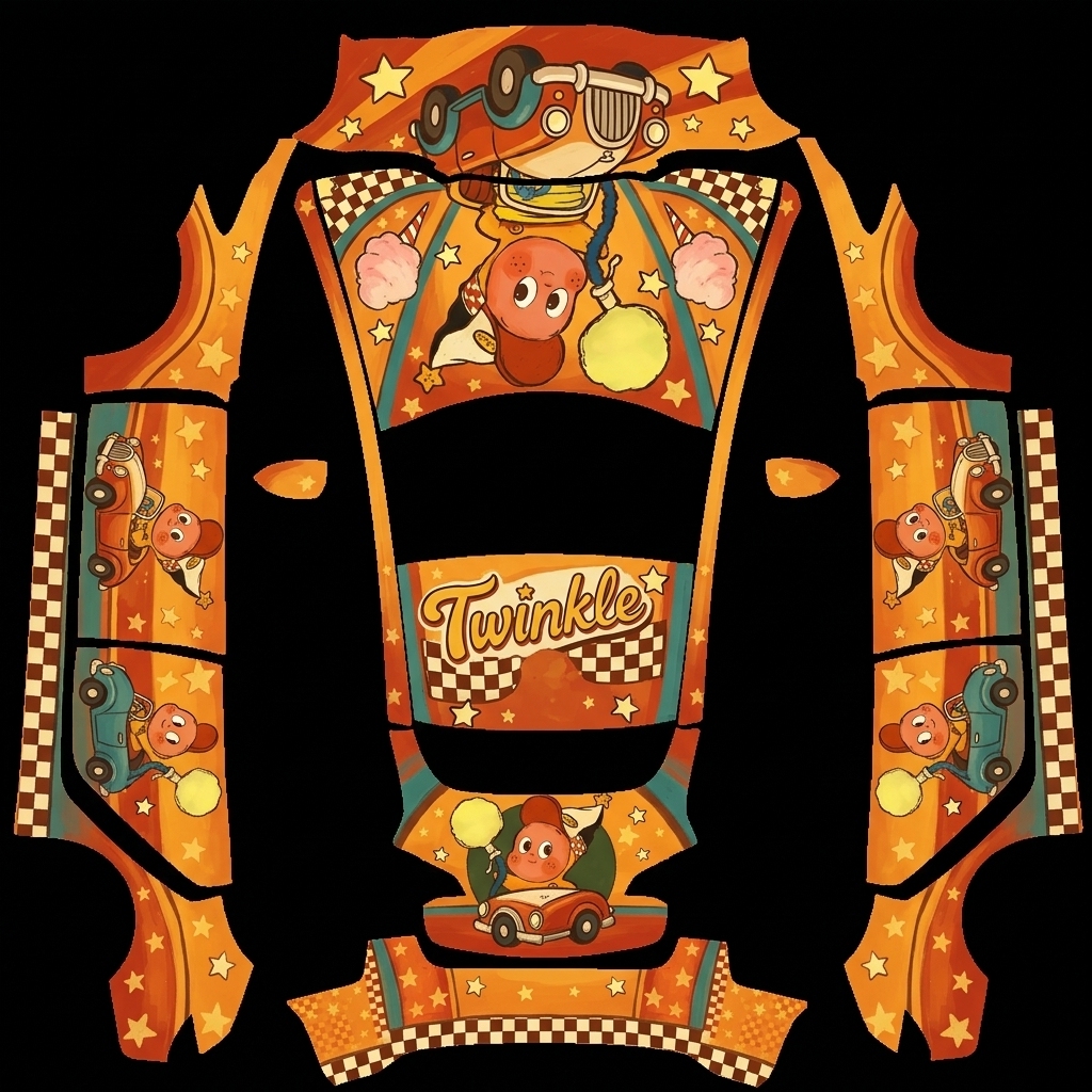 星际驾驭 Tesla Model 3 wrap texture - 给我生成如图星星人的车机皮肤，我希望星星人也开着小汽车，在前面后面扯面都要有对应的图片