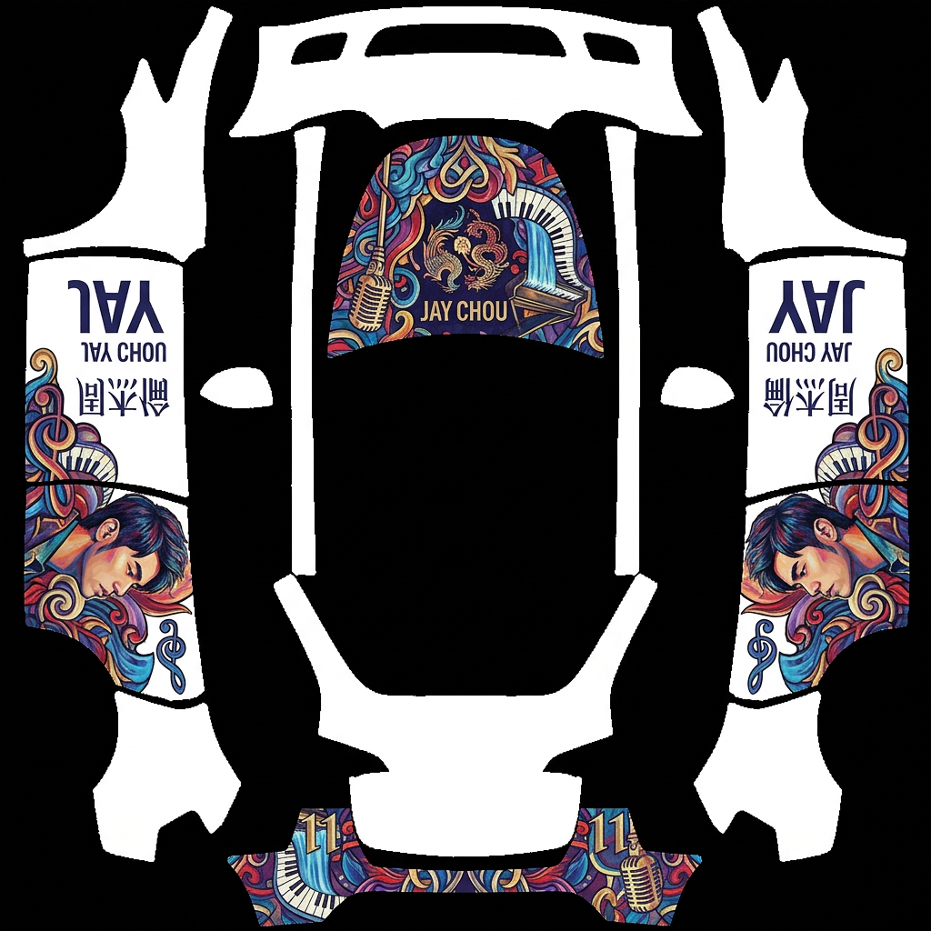 周董流彩 Tesla Model Y wrap texture - 生成周杰伦的涂装，要求图案为彩色并且只在前门和后面位置，左右对称，其他地方均为白色