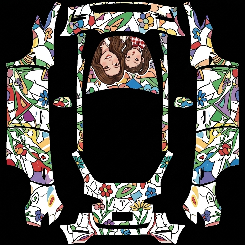 彩漫人物 Tesla Model Y wrap texture - 还原人物形象，位置不变，背景色变为彩色