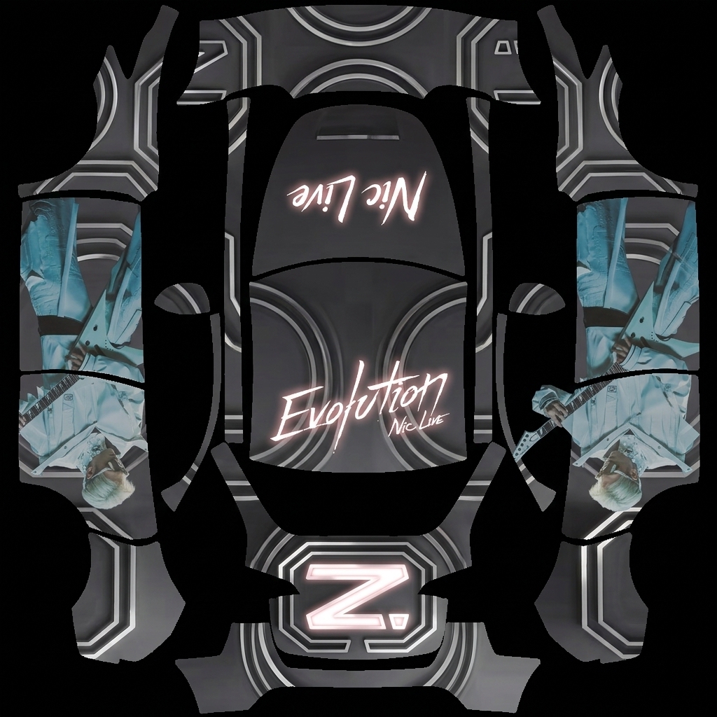 辉煌启示 Tesla Model Y wrap texture - 以图3为整车底色，然后人物正向分布两侧人物透明度60%，图二放尾部突显英文，图一放车头部覆盖车标大小发亮