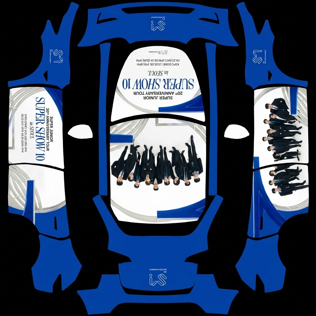 宝蓝信仰 Tesla Model Y wrap texture - 生成一个 Super Junior 主题，蓝色主色调，人物呈现要准确