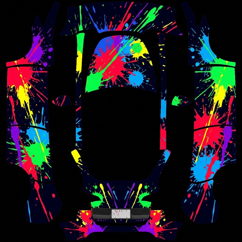 非常酷的跑车感觉，荧光黑色，放出各种彩色斑斓，图案夸张惹人注 Tesla Model Y wrap texture - 非常酷的跑车感觉，荧光黑色，放出各种彩色斑斓，图案夸张惹人注目