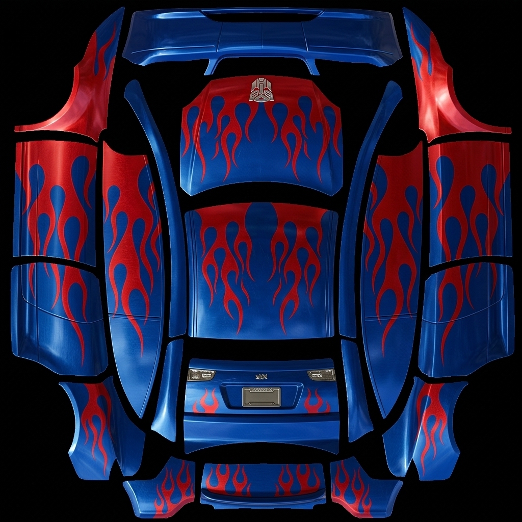 擎天战甲・觉醒 Tesla Model Y L wrap texture - 刚刚生成的变形金刚皮肤很不错，但是我想在此基础上做一些改进，主体颜色搭配不变，保持擎天柱车身颜色及火焰纹路，将车头部分进气格栅图案去掉，保留为纯色造型简单大气，另外博派的标志不要做到车门上，仅在车头原