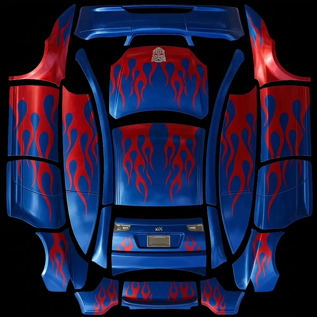 擎天战甲・觉醒 Tesla Model Y L wrap texture - 刚刚生成的变形金刚皮肤很不错，但是我想在此基础上做一些改进，主体颜色搭配不变，保持擎天柱车身颜色及火焰纹路，将车头部分进气格栅图案去掉，保留为纯色造型简单大气，另外博派的标志不要做到车门上，仅在车头原