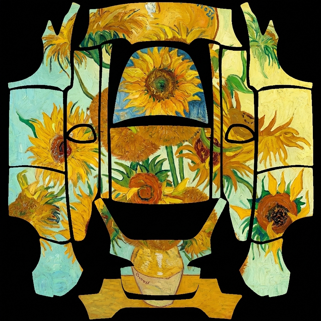 梵高向日葵主题车身涂装，巨大清晰的油画笔触肌理 Tesla Model Y wrap texture - 梵高向日葵主题车身涂装，巨大清晰的油画笔触肌理