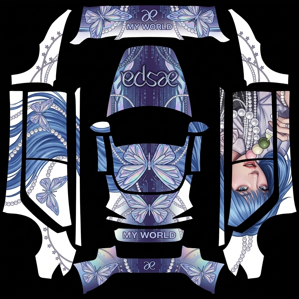 冬日精灵座驾 Tesla Model 3 焕新版 wrap texture - 这是韩国女团金玟庭，生成涂装，要高清高质量，衔接协和，图一生成在车的左侧面，整体再用aespa特色点缀