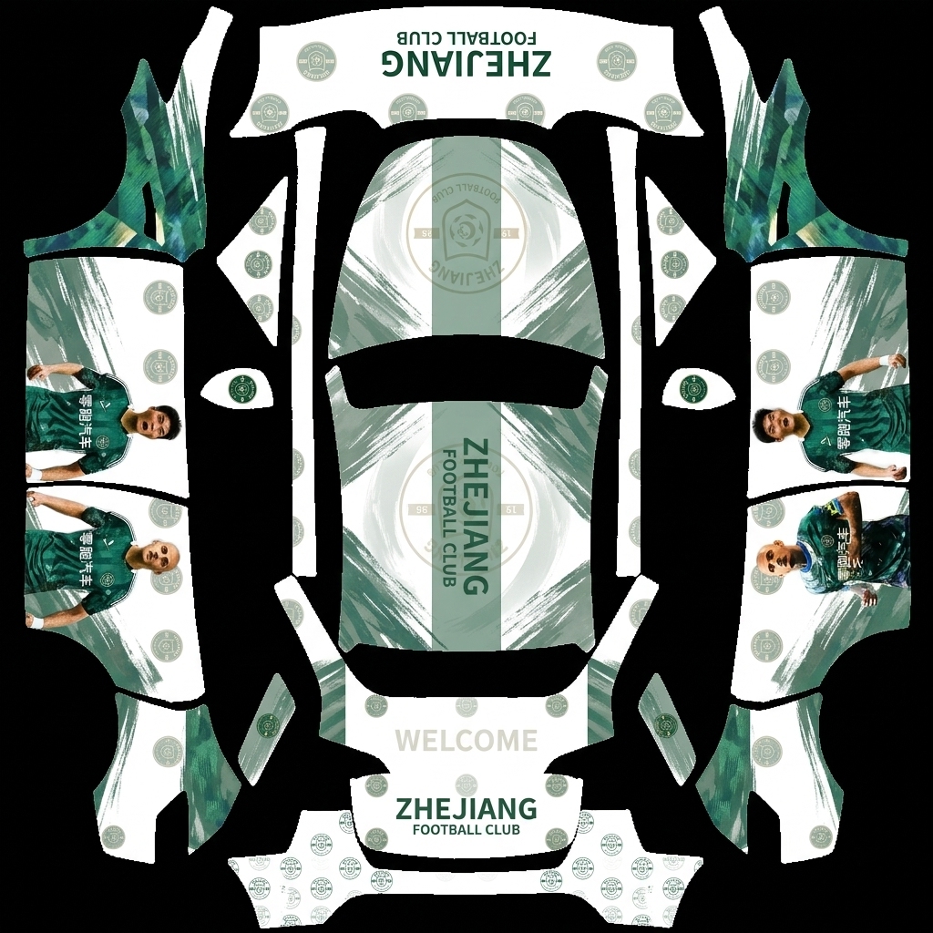 跃动战影 Tesla Model Y wrap texture - 两侧各一个人物，横向排放，人物胸前广告是零跑汽车比例大小一样大，透明度50%，前后区域俱乐部底色和队徽透明度40%