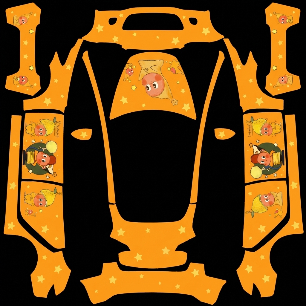 Astro-Cutie M3 Tesla Model 3 (Classic) wrap texture - 泡泡玛特星星人主题，整体色调跟星星人的主色系相符，风格俏皮甜酷，我希望车身侧面也有星星人的形象。底色能否参考第一张图的背景色