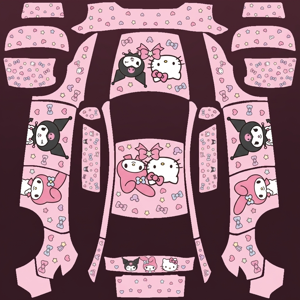 粉萌三丽鸥 Tesla Model Y 焕新版 wrap texture - 粉色的底色，有hello kitty，My Melody、Kuromi，尽量不要有文字出现。整体以这3个角色为主，不希望出现骷髅等这些奇怪的元素。