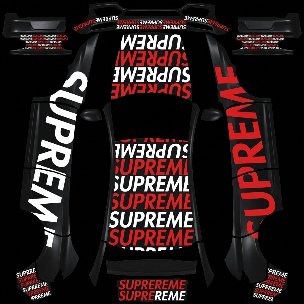 至尊分割 Tesla Model Y 焕新版 wrap texture - 黑车，一边红字supreme,一边白字supreme，要覆盖全车。大小字母都要