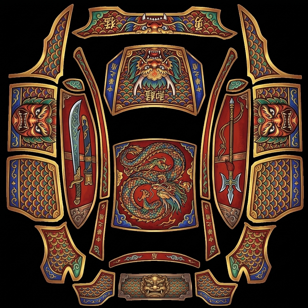 东方战甲 Tesla Model Y L wrap texture - 中国风，主要是颜色鲜艳的古装铠甲，冷兵器