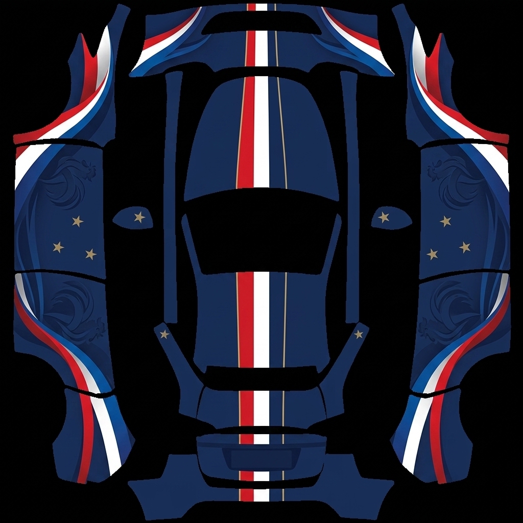 法兰西荣光 Tesla Model Y wrap texture - France World Cup premium wrap pattern. Deep navy blue base, refined white and red tricolor ribbons f