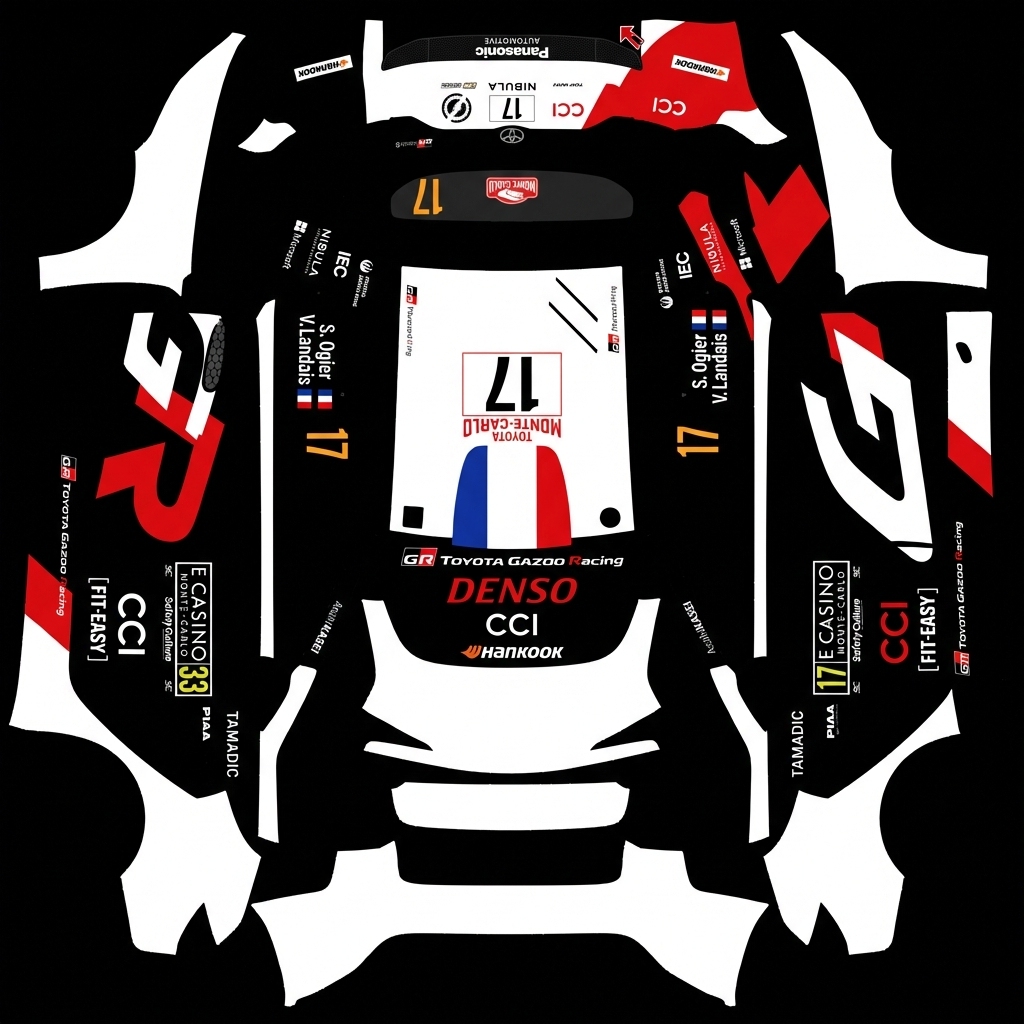 生成和参考图完全一致的涂装，注意：车辆底色为黑色。车辆是丰田 Tesla Model 3 焕新版 wrap texture - 生成和参考图完全一致的涂装，注意：车辆底色为黑色。车辆是丰田 GAZOO Racing WRT。一定要做到画质清晰，图案完整清晰