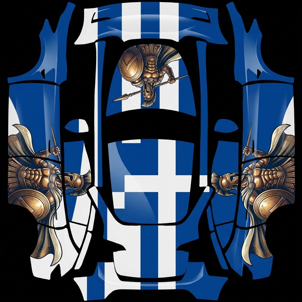 Aegean Glory Tesla Model Y (Classic) wrap texture - greek flag and greek warrior