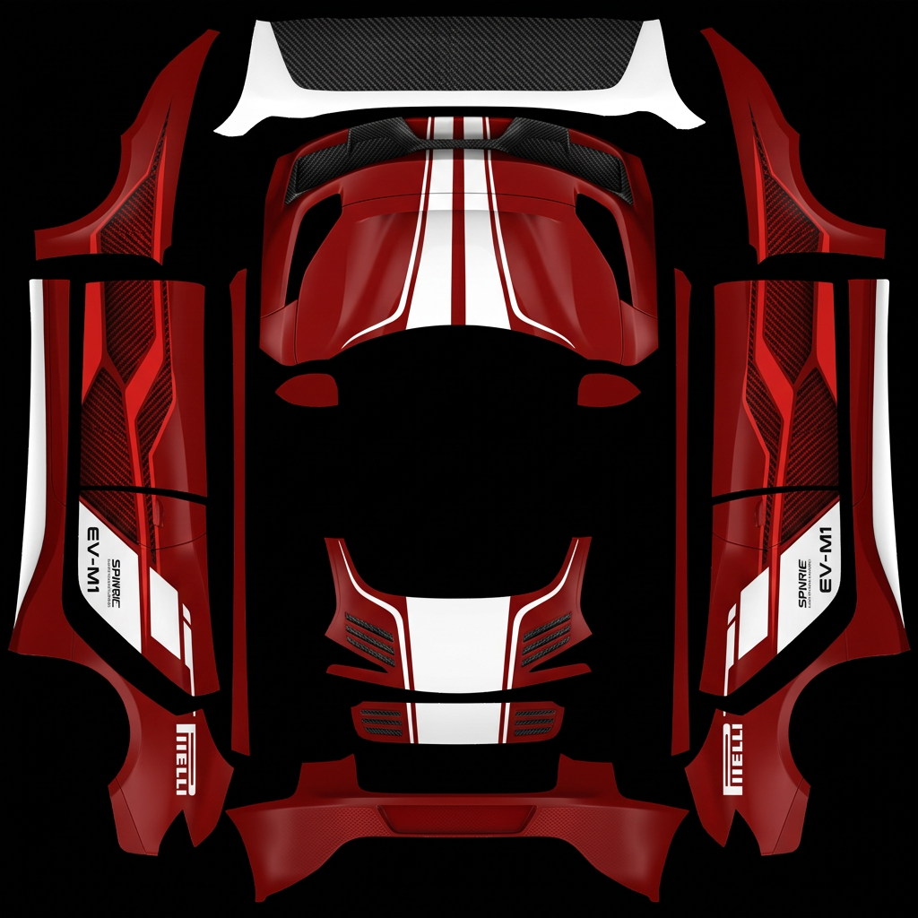 F1疾速红 Tesla Model 3 焕新版 wrap texture - Tesla Model Y full body wrap design inspired by Formula racing style, deep Ferrari red base color, w