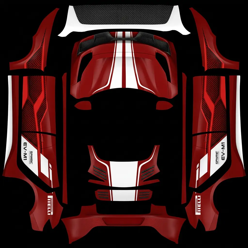 F1疾速红 Tesla Model 3 焕新版 wrap texture - Tesla Model Y full body wrap design inspired by Formula racing style, deep Ferrari red base color, w